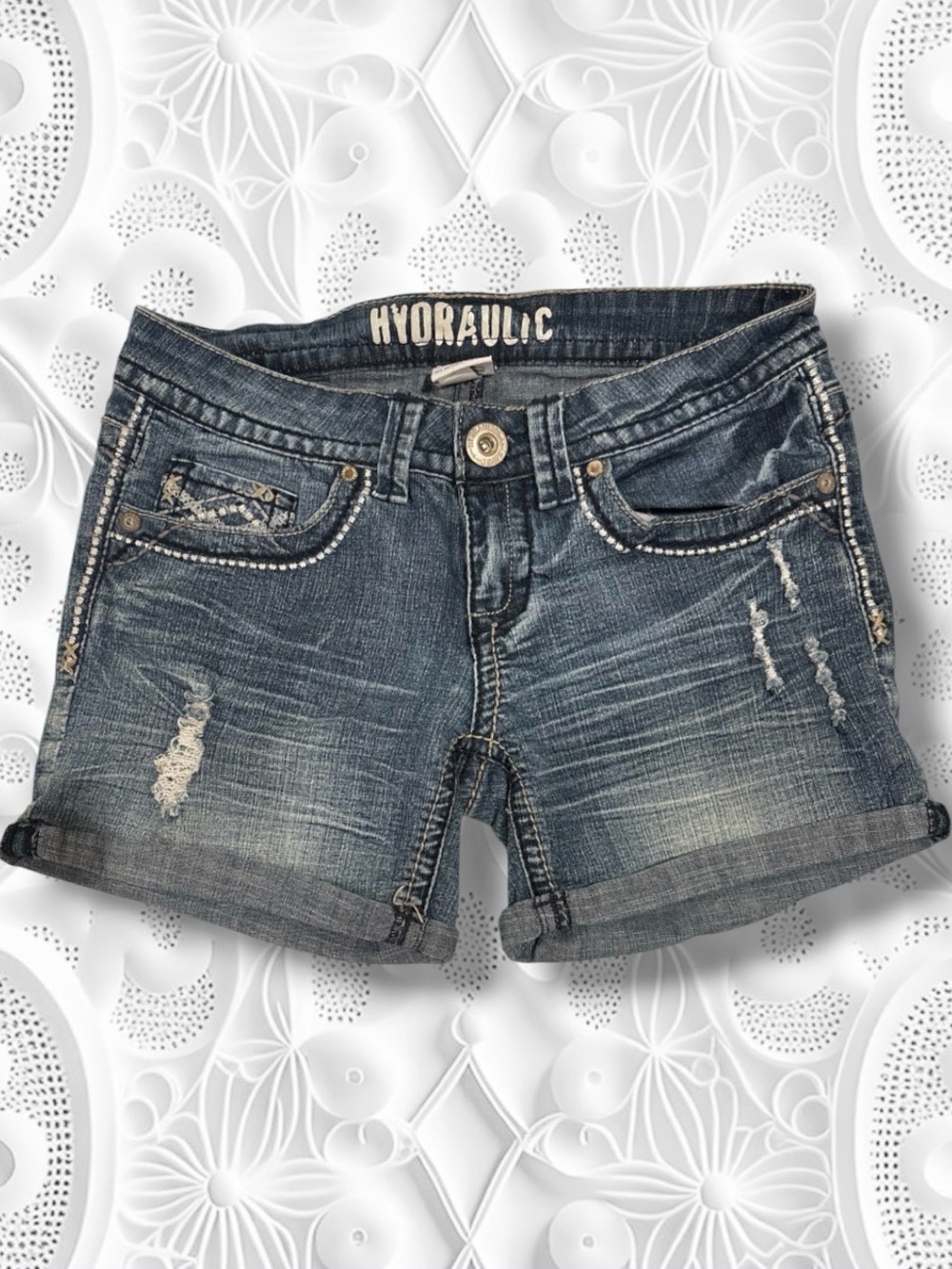 Hydraulic Vintage Y2K Distressed Embroidered Cuffed Denim Shorts Size 7/8